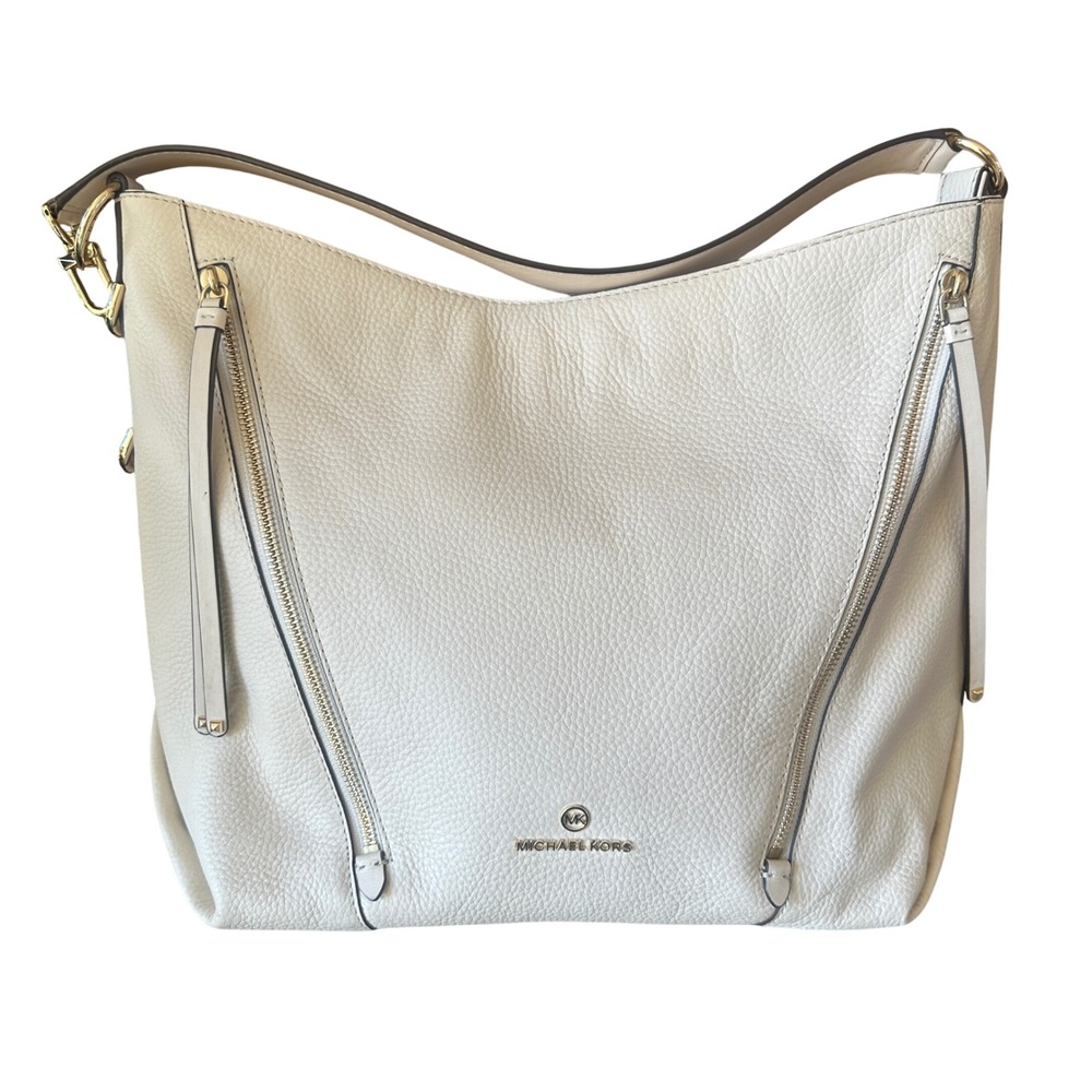 Michael Kors Evie Large Pebbled Leather Hobo‎ Bag Cream White Shoulder Purse